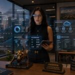 Amanda Telles, especialista em Data Science, em um escritório moderno na Faria Lima, São Paulo. Ela segura um tablet enquanto é cercada por interfaces holográficas exibindo dashboards financeiros de Microcaps, fluxogramas de nuvem de dados e métricas preditivas. Sobre a mesa, há uma escultura dourada do touro de Wall Street e livros sobre estratégia de dados.