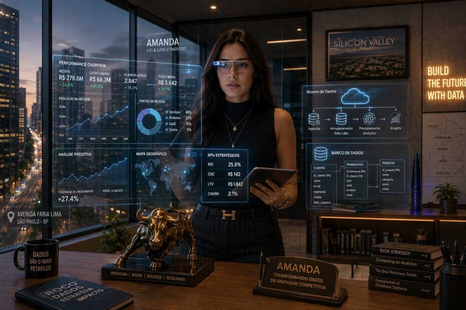 Amanda Telles, especialista em Data Science, em um escritório moderno na Faria Lima, São Paulo. Ela segura um tablet enquanto é cercada por interfaces holográficas exibindo dashboards financeiros de Microcaps, fluxogramas de nuvem de dados e métricas preditivas. Sobre a mesa, há uma escultura dourada do touro de Wall Street e livros sobre estratégia de dados.