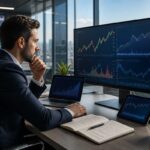 Analista financeiro analisando gráficos de ações em múltiplas telas em escritório moderno, avaliando microcaps e indicadores de mercado para tomada de decisão de investimento