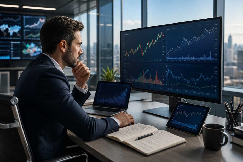 Analista financeiro analisando gráficos de ações em múltiplas telas em escritório moderno, avaliando microcaps e indicadores de mercado para tomada de decisão de investimento