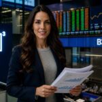 Analista financeira Amanda Telles na B3 segurando relatórios de investimento e analisando dados de Microcaps B3 em ambiente corporativo moderno