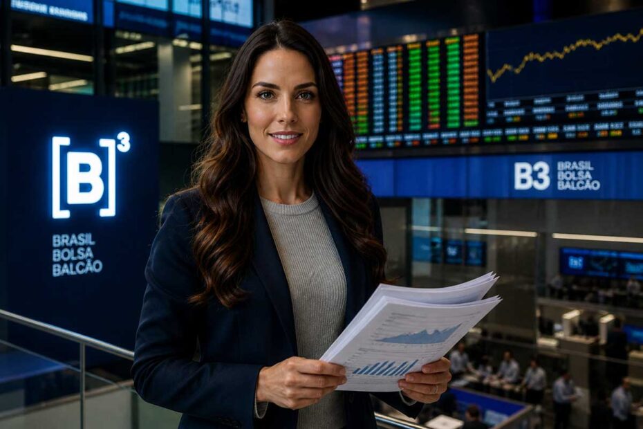 Analista financeira Amanda Telles na B3 segurando relatórios de investimento e analisando dados de Microcaps B3 em ambiente corporativo moderno