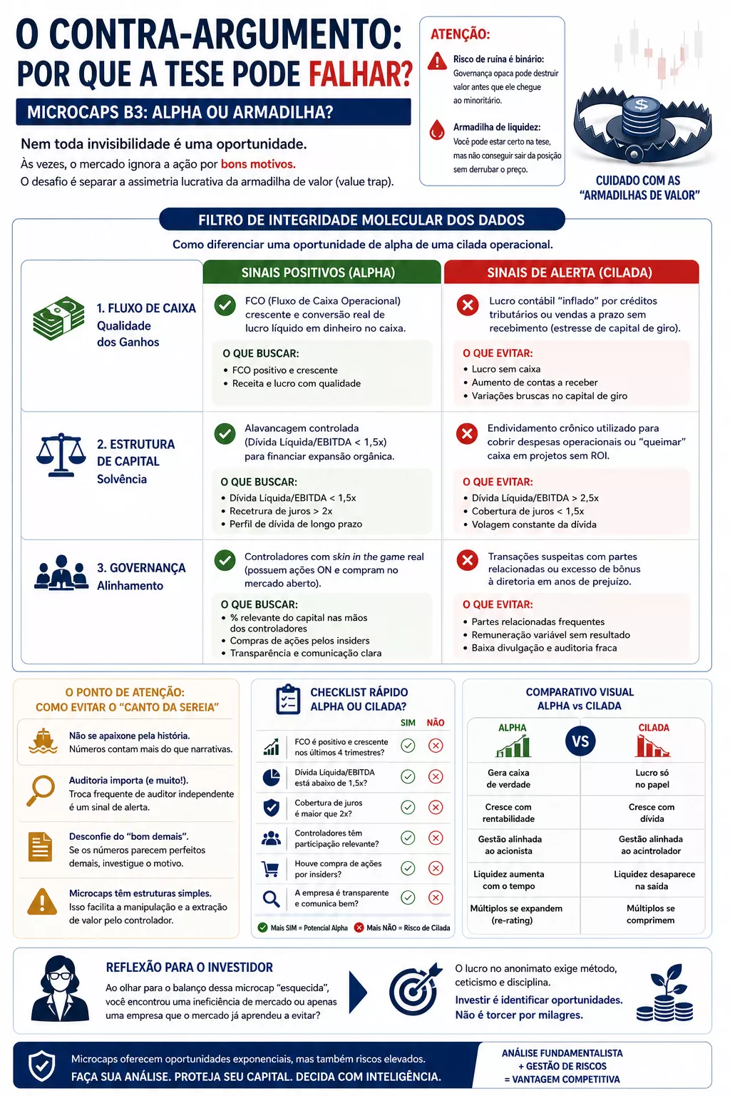 Microcaps B3 Contra Argumento Infográfico sobre microcaps B3 destacando riscos e contra-argumentos da tese de investimento, com foco em identificar value traps através da análise fundamentalista. Estrutura visual com comparações entre sinais positivos (alpha) e sinais de alerta (cilada), incluindo fluxo de caixa operacional, estrutura de capital, governança corporativa e indicadores financeiros como dívida líquida/EBITDA. Inclui checklist para diferenciar assimetria informacional de armadilhas em ações pouco cobertas.