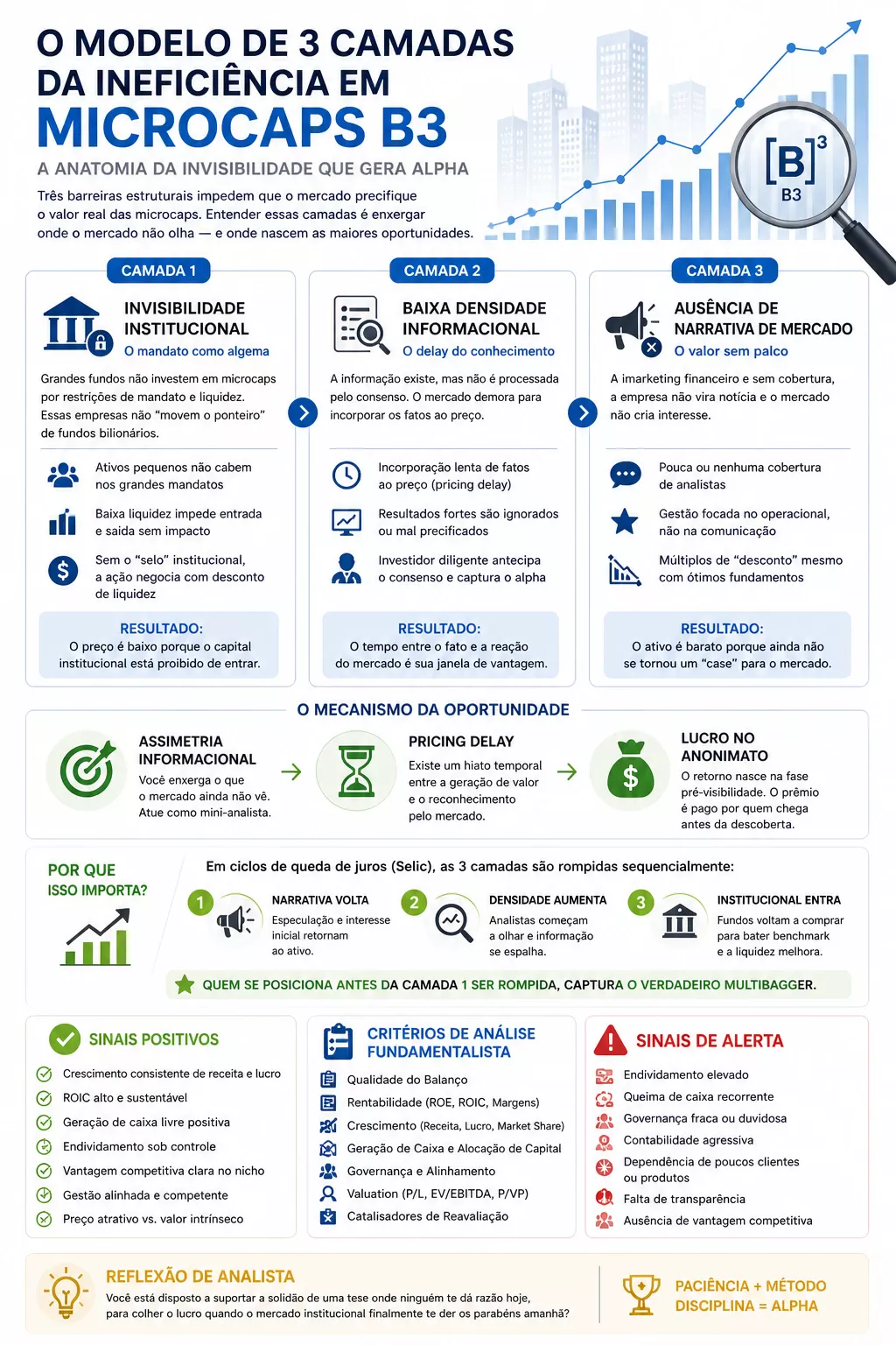 Modelo de 3 Camadas da Ineficiência Infográfico sobre microcaps B3 mostrando o modelo de 3 camadas da ineficiência de mercado: invisibilidade institucional, baixa densidade informacional (pricing delay) e ausência de narrativa, com destaques para análise fundamentalista, assimetria informacional, sinais positivos, sinais de alerta e critérios de decisão para identificar oportunidades em ações pouco cobertas.