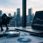 ALT TEXT Imagem em formato panorâmico mostrando uma mesa de análise financeira em um escritório corporativo moderno. Em primeiro plano há relatórios com gráficos, uma lupa de auditoria e uma caneta sobre documentos de desempenho. Ao lado, um notebook exibe gráficos de mercado e indicadores financeiros em uma tela escura. Uma escultura metálica de um touro simboliza o mercado acionário. Ao fundo, grandes janelas revelam o horizonte de uma cidade com arranha-céus desfocados. A composição transmite conceitos de análise quantitativa, gestão de risco, liquidez, due diligence e tomada de decisão em investimentos de alta complexidade, com iluminação profissional e estética ultrarrealista inspirada em fotografia corporativa de banco de imagens.
