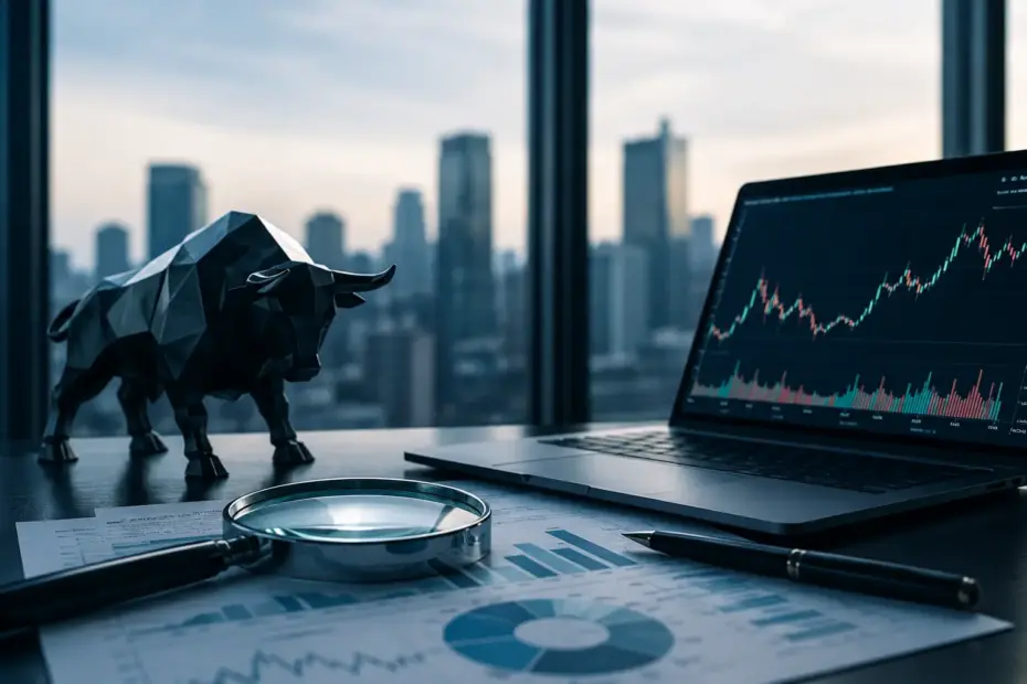 ALT TEXT Imagem em formato panorâmico mostrando uma mesa de análise financeira em um escritório corporativo moderno. Em primeiro plano há relatórios com gráficos, uma lupa de auditoria e uma caneta sobre documentos de desempenho. Ao lado, um notebook exibe gráficos de mercado e indicadores financeiros em uma tela escura. Uma escultura metálica de um touro simboliza o mercado acionário. Ao fundo, grandes janelas revelam o horizonte de uma cidade com arranha-céus desfocados. A composição transmite conceitos de análise quantitativa, gestão de risco, liquidez, due diligence e tomada de decisão em investimentos de alta complexidade, com iluminação profissional e estética ultrarrealista inspirada em fotografia corporativa de banco de imagens.
