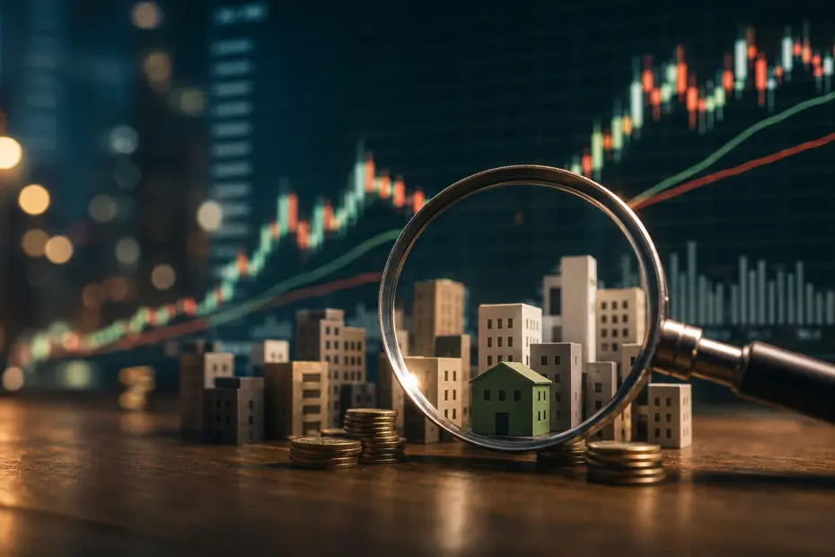 Imagem fotográfica em estilo editorial financeiro mostrando uma lupa ampliando uma pequena empresa representada por uma maquete verde entre diversos prédios em miniatura. Ao redor, há moedas empilhadas sobre uma mesa de madeira. Ao fundo, desfocado, aparece um gráfico de mercado com tendência de alta e indicadores financeiros luminosos. A composição transmite a ideia de análise detalhada, descoberta de oportunidades ocultas e identificação de valor em empresas pouco observadas pelo mercado.