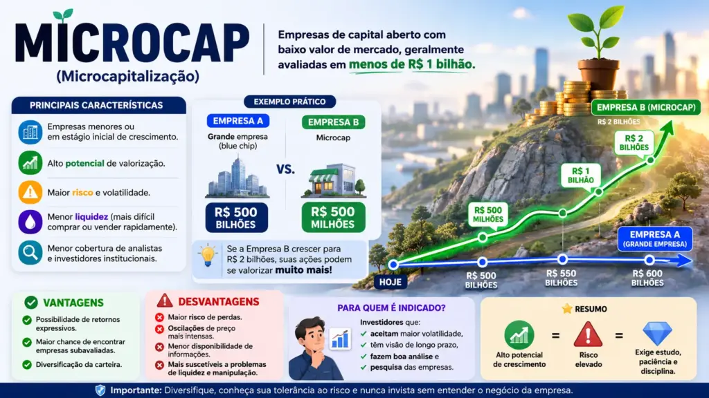 Microcap Finance Infográfico sobre microcaps (microcapitalização) explicando que são empresas de capital aberto com baixo valor de mercado, geralmente abaixo de R$ 1 bilhão. A imagem destaca as principais características, como alto potencial de valorização, maior risco, volatilidade, menor liquidez e pouca cobertura de analistas. Também compara uma grande empresa avaliada em R$ 500 bilhões com uma microcap de R$ 500 milhões e mostra, por meio de um gráfico ascendente, como uma microcap pode alcançar R$ 2 bilhões, ilustrando seu potencial de crescimento. O infográfico ainda apresenta vantagens, desvantagens, perfil de investidor indicado e um resumo enfatizando que maior potencial de retorno vem acompanhado de maior risco.